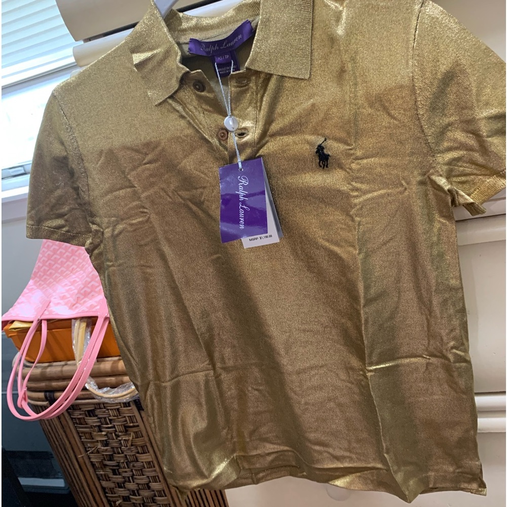 Ralph Lauren xs purple label bnwt gold foil polo shirt